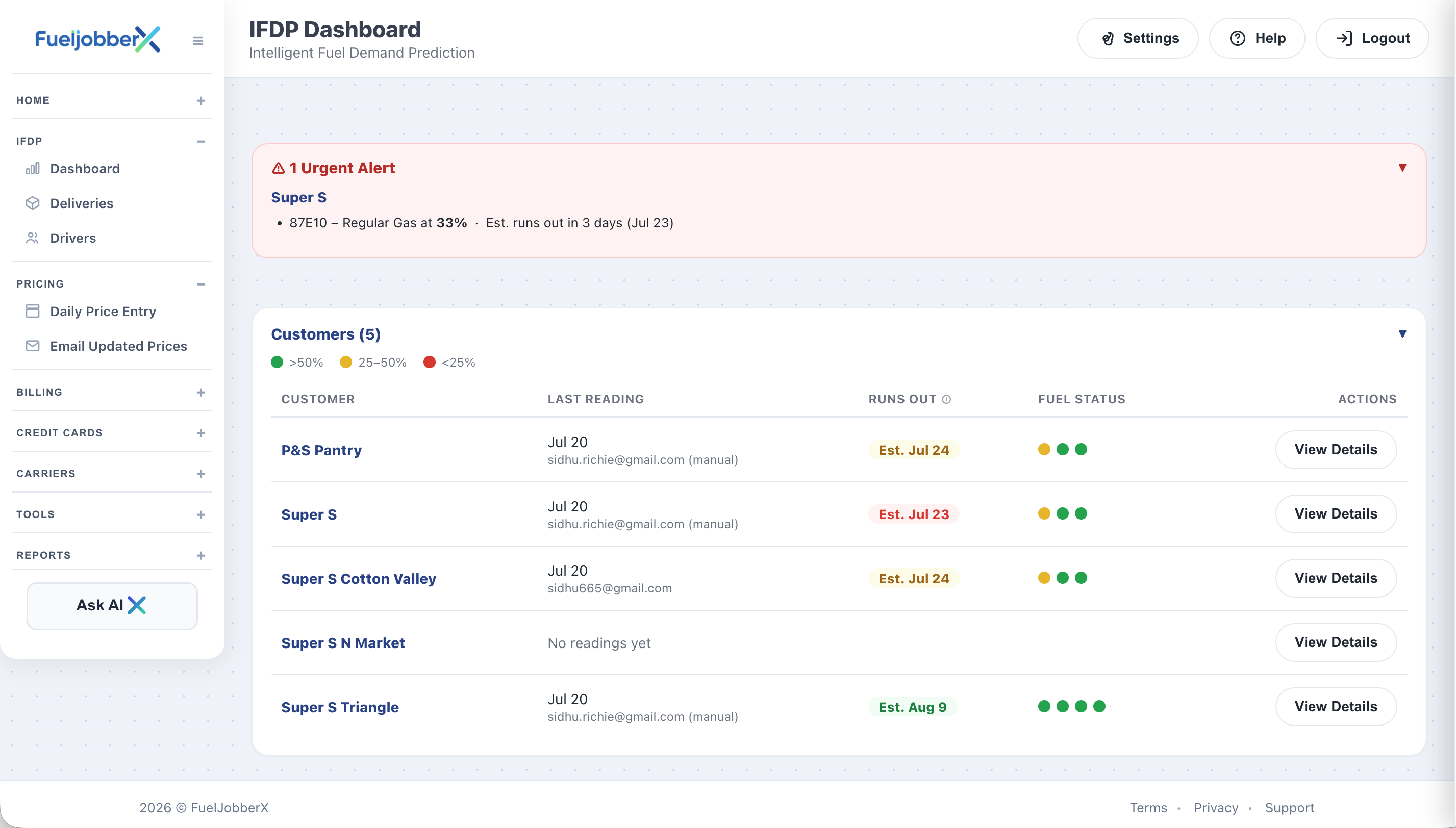 FuelJobberX IFDP dashboard
