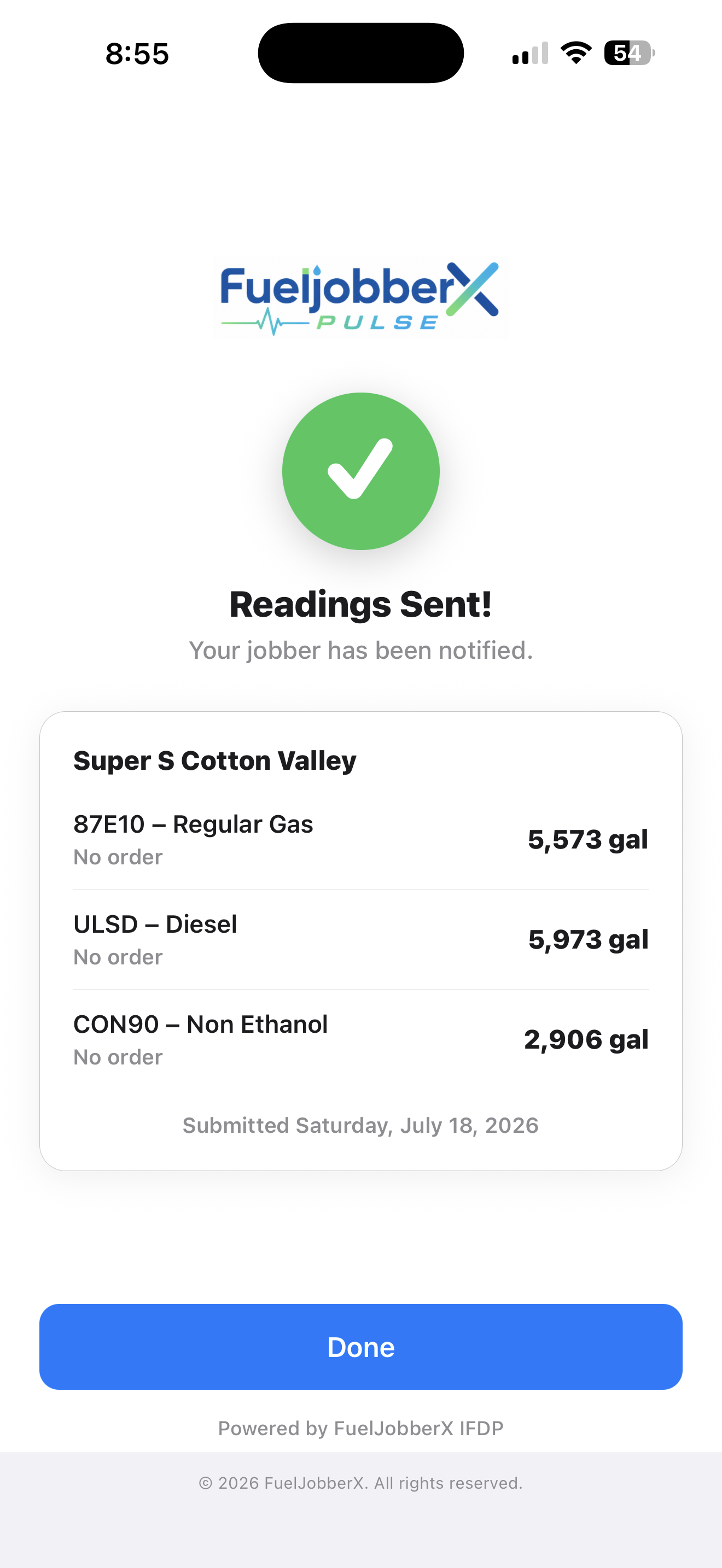 FuelJobberX Pulse — Readings Sent