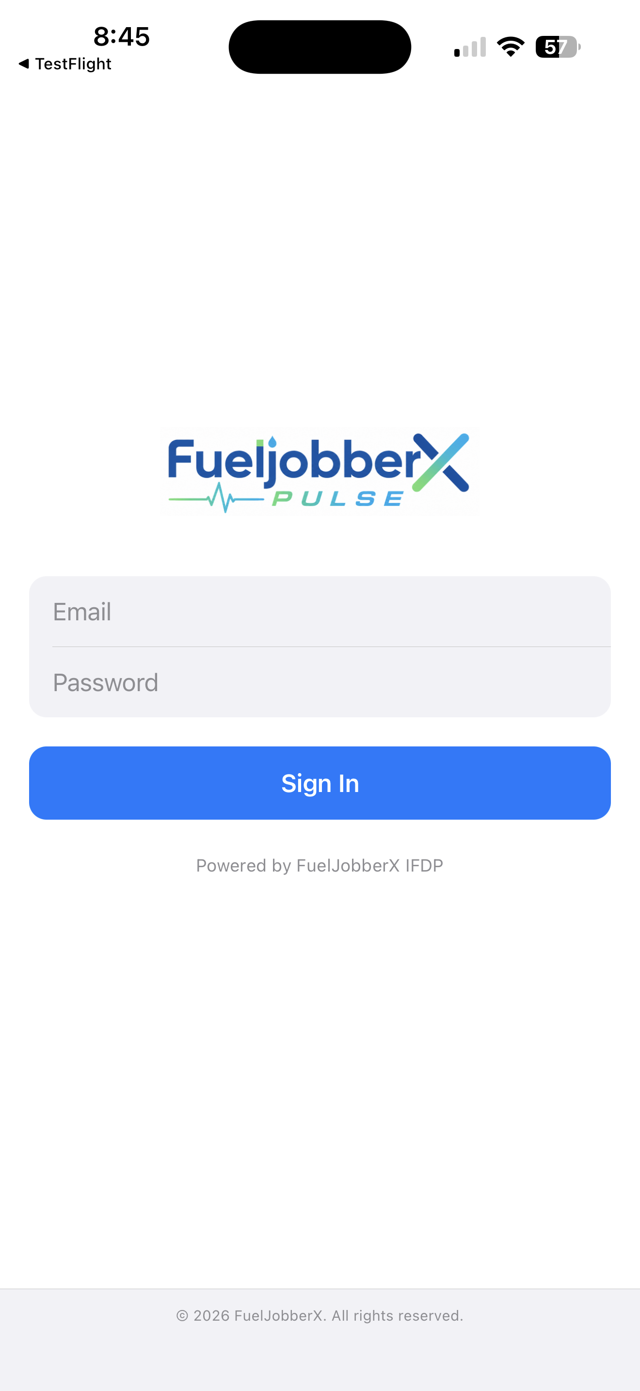 FuelJobberX Pulse sign-in screen